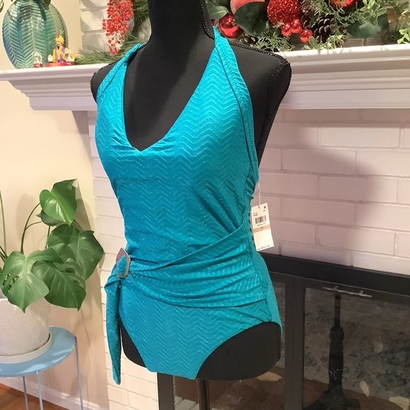 #312 NWT Trina Turk Swim & Spa Collection Teal Shimmer Swimsuit Size 12 - Picture 3 of 11